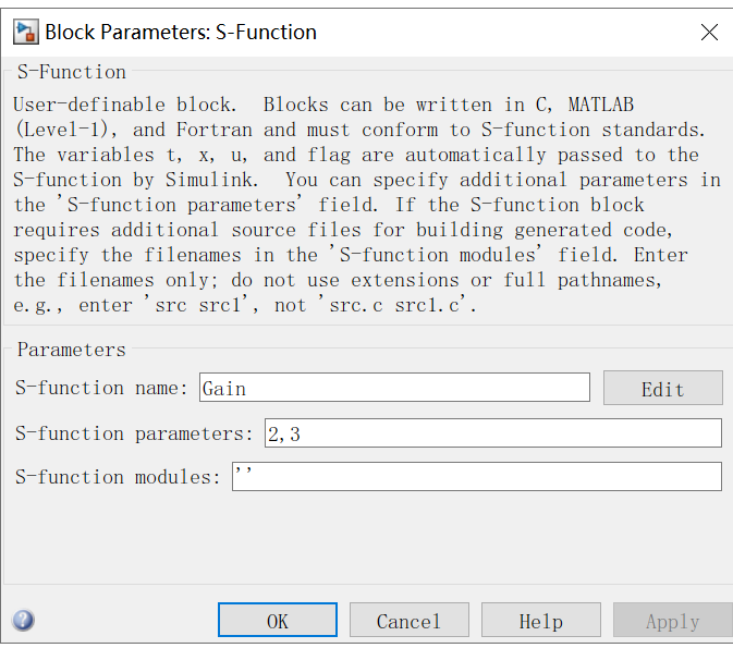 在S_function parameters 中输入两个参数，用逗号分开