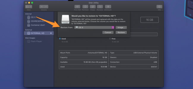 selecting a drive to restore from