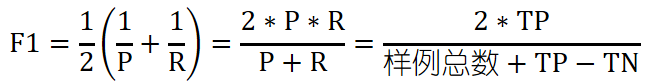 F1=1/2 (1/P+1/R)=(2∗P∗R)/(P+R)=(2∗TP)/(样例总数+TP−TN)