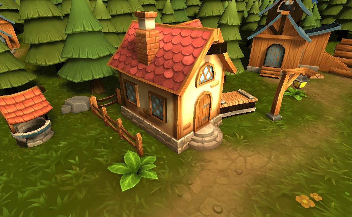 3D model house village with trees in the background in Unity