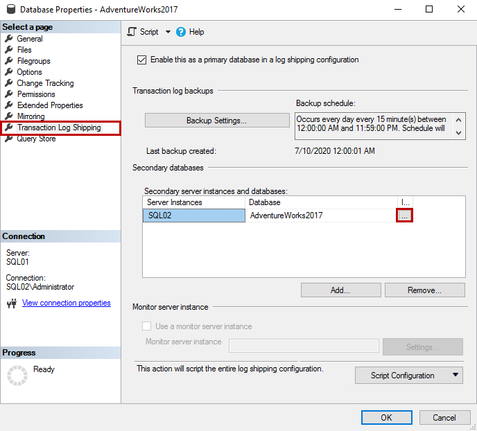 Log shipping properties on Primary server