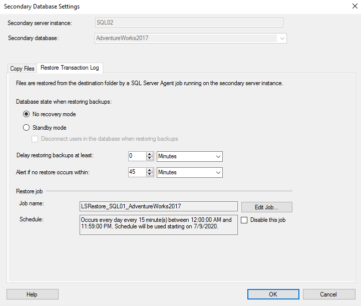 Log shipping properties on secondary server.