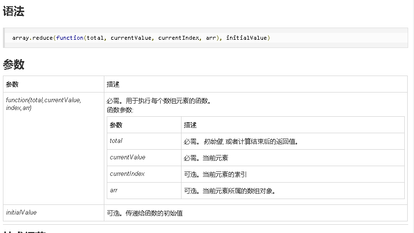 reduce方法有两个参数，第一个参数是一个callback，用于针对数组项的操作；第二个参数则是传入的初始值，这个初始值用于单个数组项的操作。需要注意的是，reduce方法返回值并不是数组，而是形如初始值的经过叠加处理后的操作