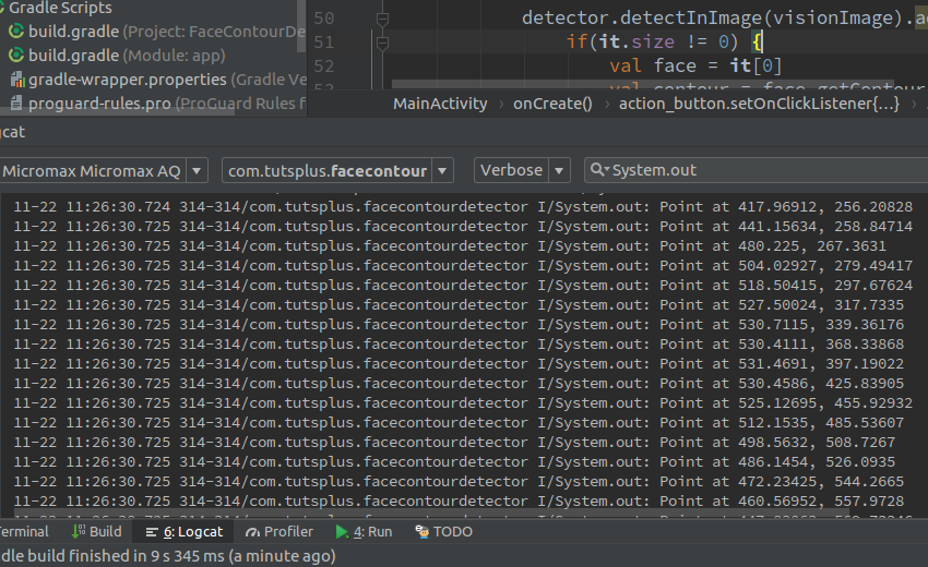 Logcat window showing coordinates of contour points