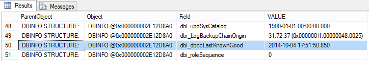 Table showing results of running DBCC DBINFO command