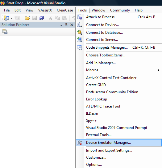 Picture 1. Launch Device Emulator Manager in VS 2005