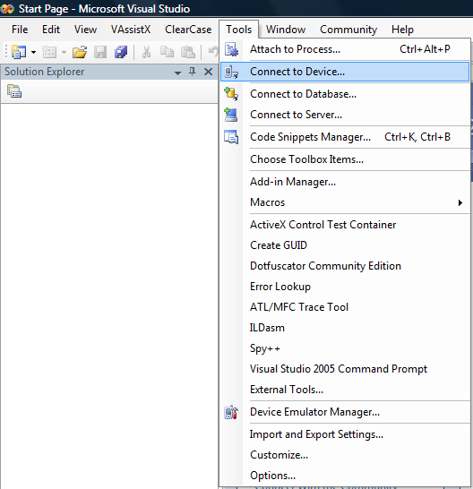 Picture 3. "Connect To Device" menu item in VS 2005.