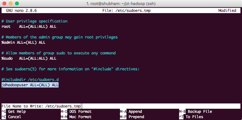 adding hadoop user to sudo users