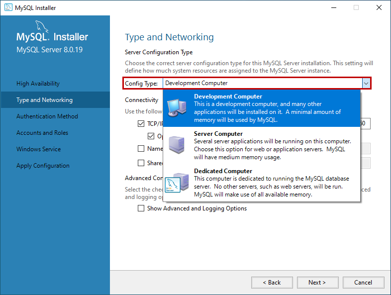 Choose Database Server type 