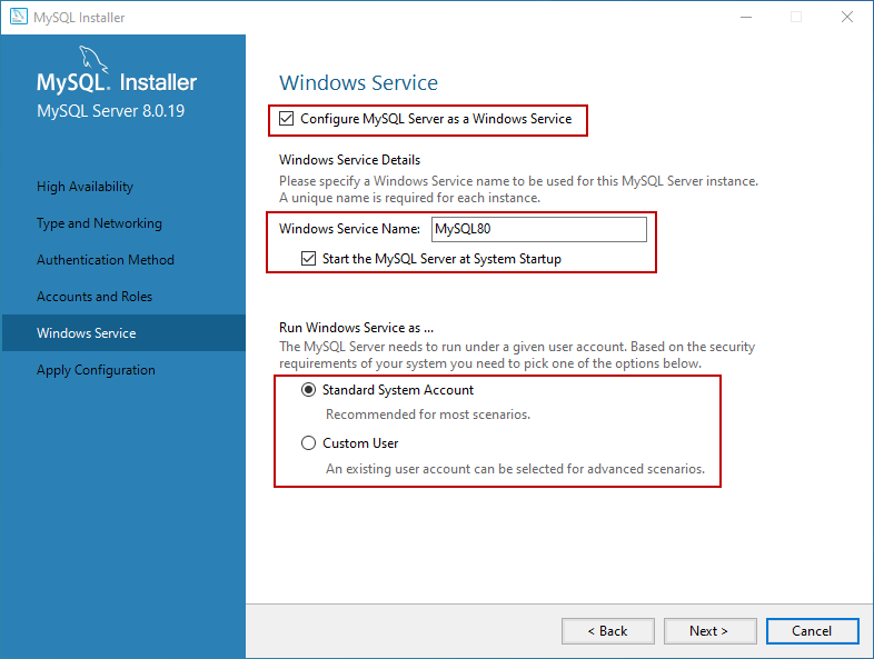 Configure MySQL Database server as a windows service 