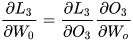 frac{partial{L_{3}}}{partial{W_{0}}}=frac{partial{L_{3}}}{partial{O_{3}}}frac{partial{O_{3}}}{partial{W_{o}}}