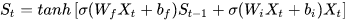 S_{t}=tanhleft[sigma(W_{f}X_{t}+b_{f})S_{t-1}+sigma(W_{i}X_{t}+b_{i})X_{t}right]