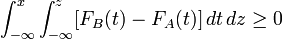 int_{-infty}^x int_{-infty}^z [F_B(t) - F_A(t)] , dt , dz geq 0