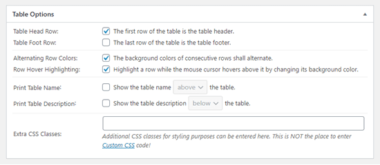 The 'Table Options' section in TablePress