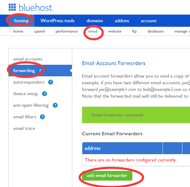 bluehost forwarding