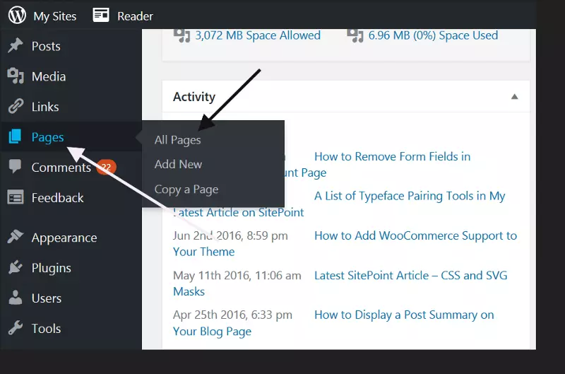 Pages menu in WordPress Admin panel