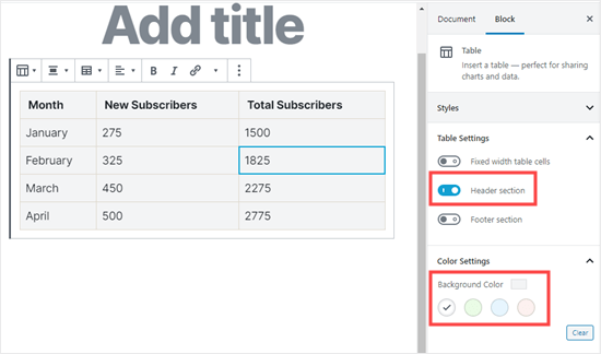 Adding a header section or a background color to your table