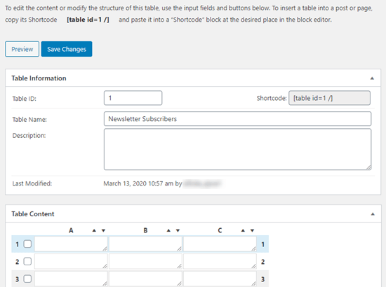 Editing your table details in TablePress