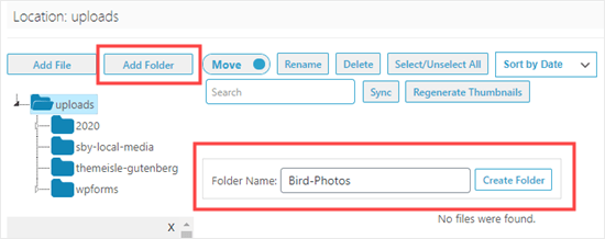 Adding a new folder using the Media Library Folders plugin