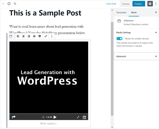 SlideShare Presentation Added in WordPress Editor