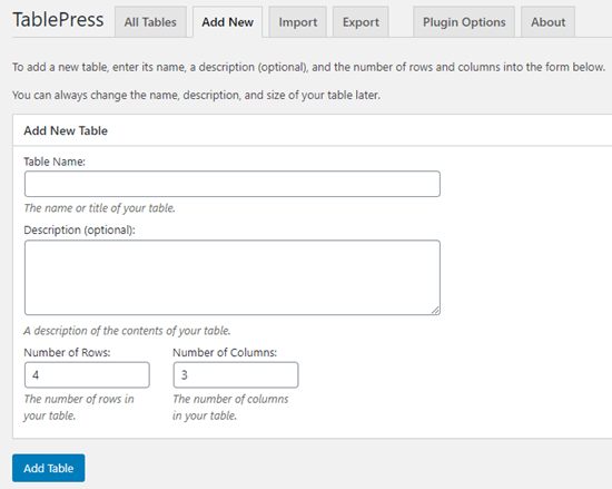 Entering the title for your table in TablePress