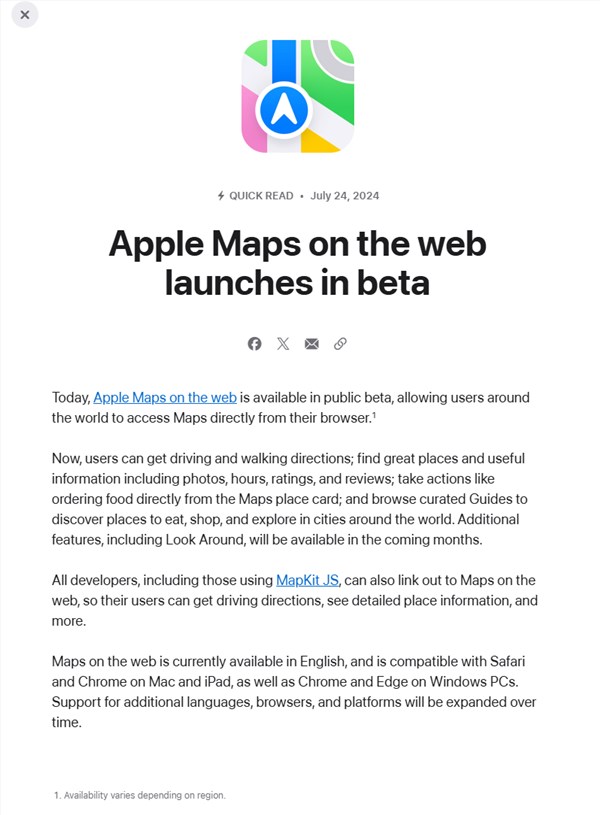 苹果推出apple maps网页版地图：兼容win pc chrome、edge浏览器