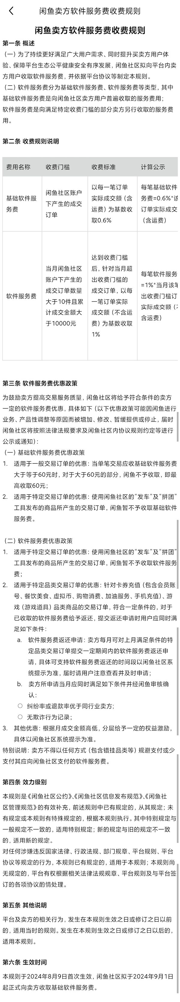 闲鱼卖二手要收费了！9月起全体卖家交易收取0.6%软件服务费