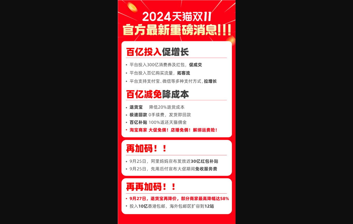 天猫双11迎来两个重磅好消息！淘宝全量上线微信支付
退货宝最高降幅达58%